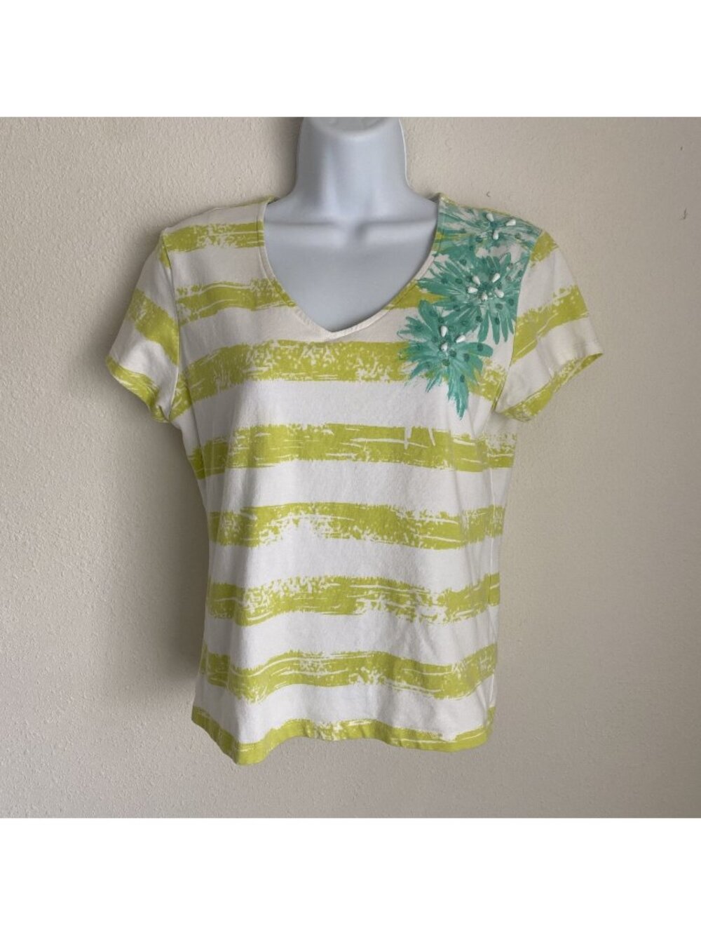 Ruby Rd. Women's Petite Medium Green Stripe Shirt Teal Flowers w Sequins w Beads